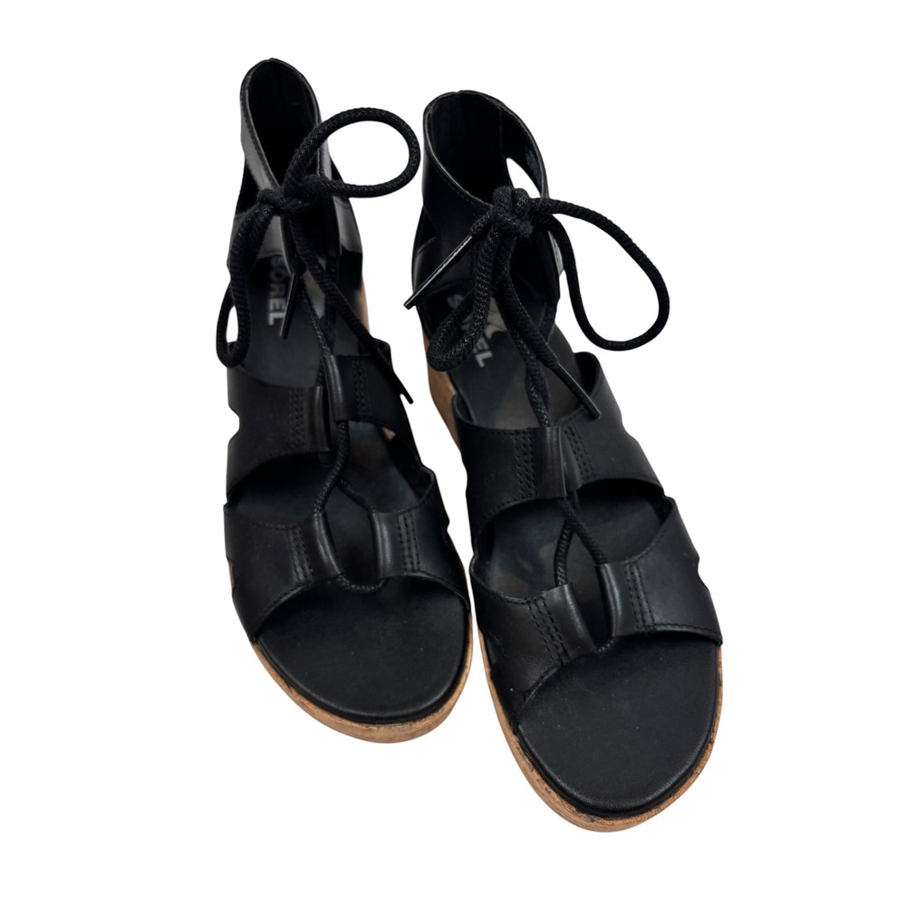 Sorel Joanie II Lace Black Leather Cork Platform Wedge Gladiator Sandals 8.5 - Picture 5 of 11